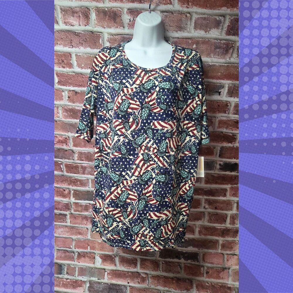 Women’s LuLaRoe Irma Tunic High Low Top Medium Statue of Liberty Print